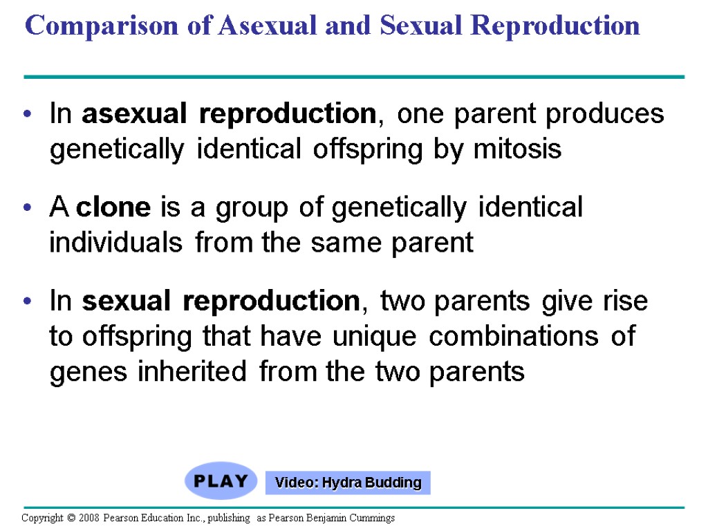 Comparison of Asexual and Sexual Reproduction In asexual reproduction, one parent produces genetically identical